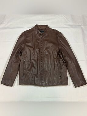 Marc New York by Andrew Marc Mens Large Leather Jacket Moto Racer Zip Up Brown